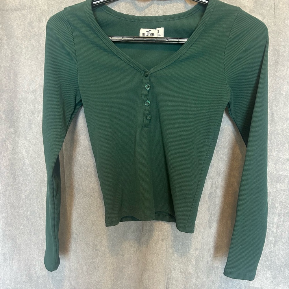 Hollister Forest Green Long Sleeve Ribbed Henley Top